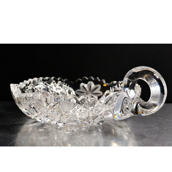 Vintage ABP Cut Glass Finger Nappy Hobstar Pattern Floral Motif Elegant Handle - Picture 1 of 4